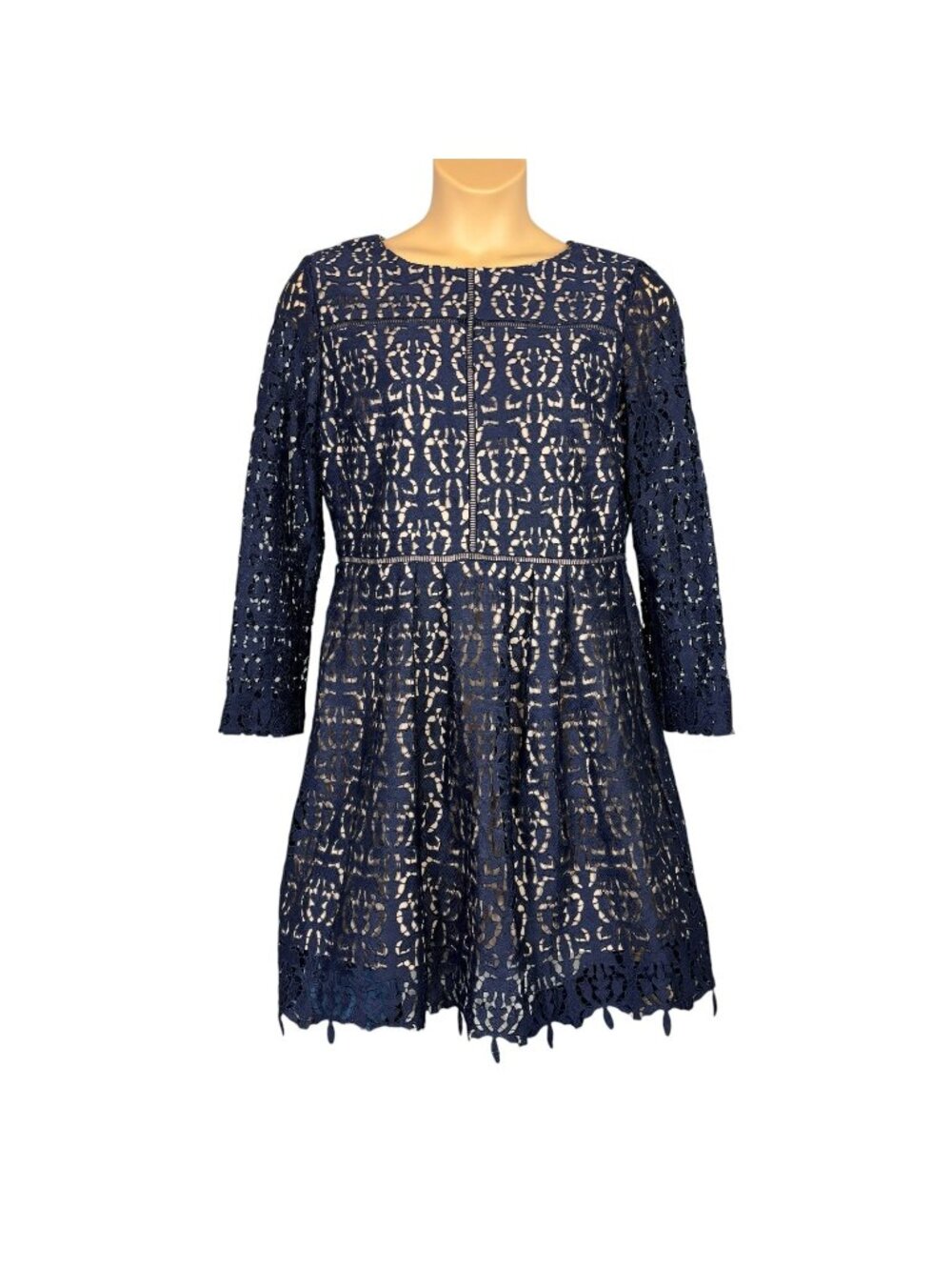 TAHARI Navy Blue Lace Overlay Lined Long Sleeve Dress